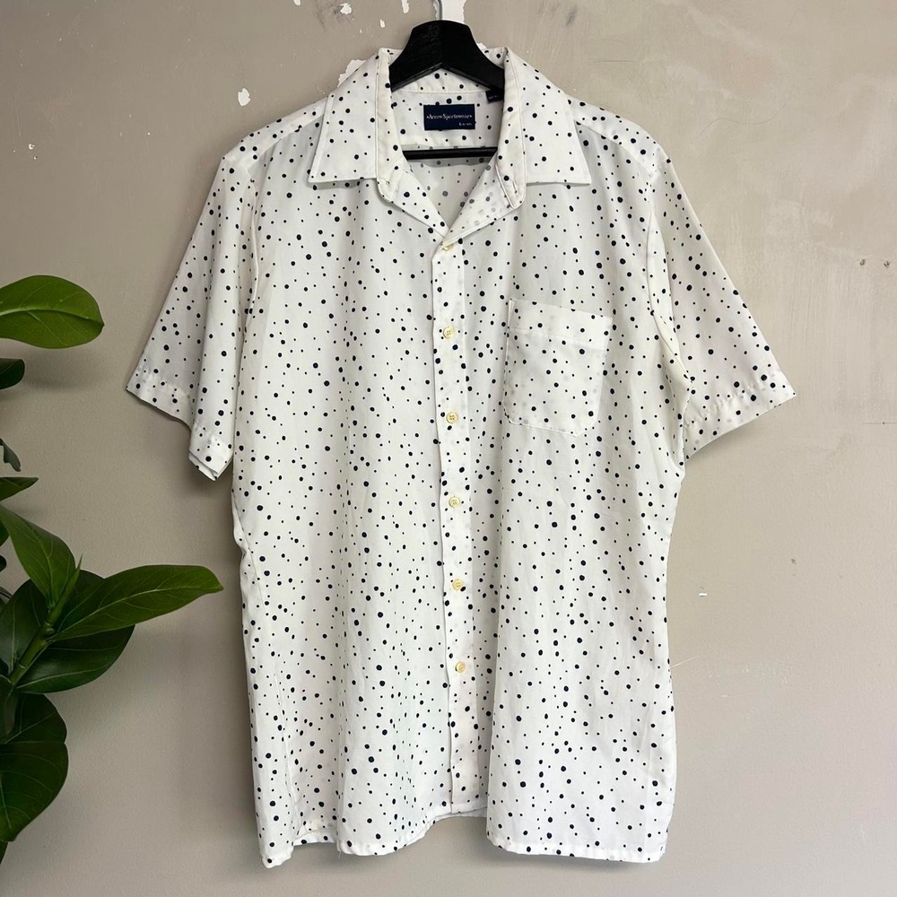 Vintage 70s Arrow Sportswear Mens White Polka Dot Short Sleeve Button Up Shirt L